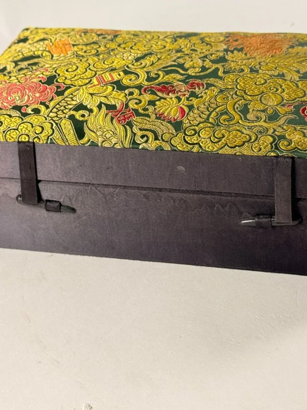 Vintage Asian Silk Top Jewelry Box Gold Floral & Dragon Design Red Velvet Lined